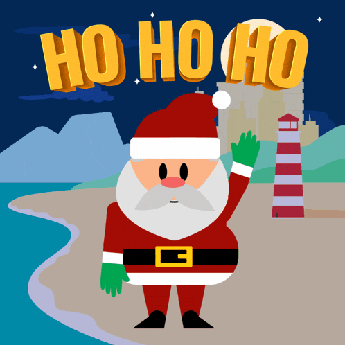 a cartoon drawing of santa waving in front of the words ho ho ho