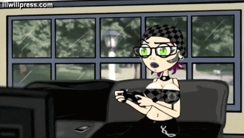 a cartoon of a girl playing a video game with illwillpress.com in the upper right corner