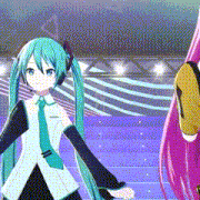two anime girls are standing next to each other on a stage in a video game .