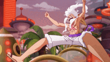 a man with white hair is jumping in the air with his arms in the air