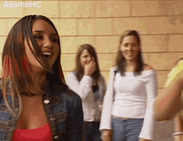 a group of young women are standing in front of a brick wall and laughing .