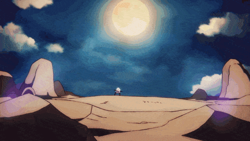 a cartoon drawing of a desert with a full moon in the sky