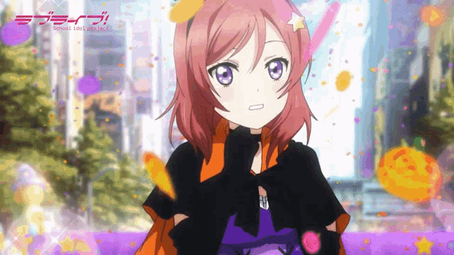 a girl with red hair and purple eyes is wearing a black and orange outfit