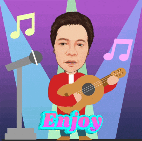 a cartoon of a man holding a guitar with the words enjoy written on the bottom