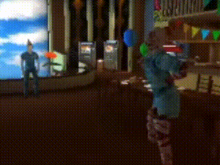 a blurry picture of a man in a party hat holding balloons in a room