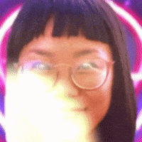 a close up of a woman wearing glasses with a purple background