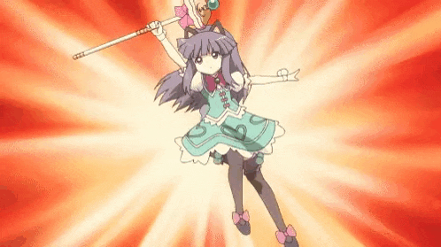 a girl in a blue dress is flying through the air while holding a stick .