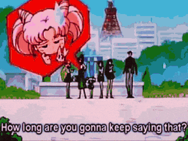 a group of people standing next to each other with the words " how long are you gonna keep saying that "