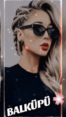 a woman wearing sunglasses and a black shirt with the word balkupu on the bottom right