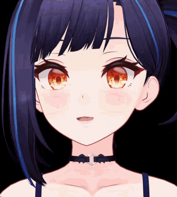 a close up of a girl 's face with red eyes and a choker
