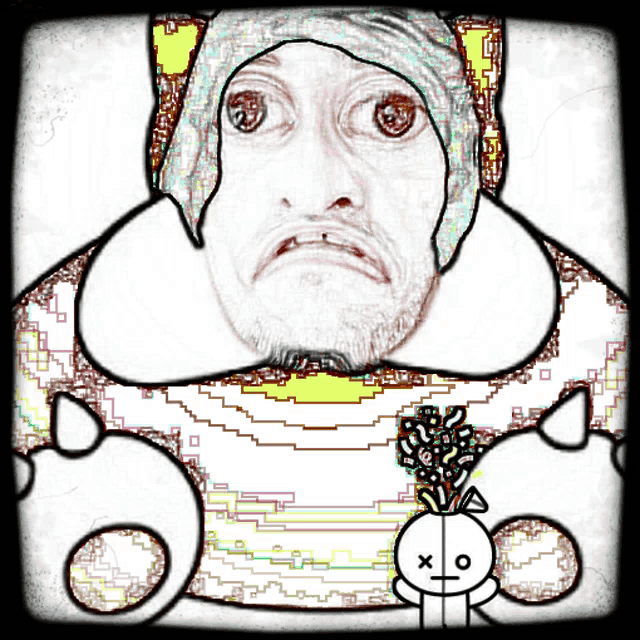 a drawing of a man with a beard and a rabbit with a x on its head