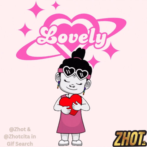 a cartoon girl is holding a heart in front of a pink heart that says " lovely "