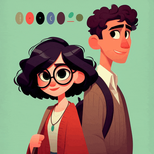a cartoon drawing of a man and a woman with a backpack