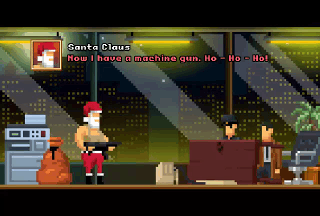 santa claus is talking to a man in a video game