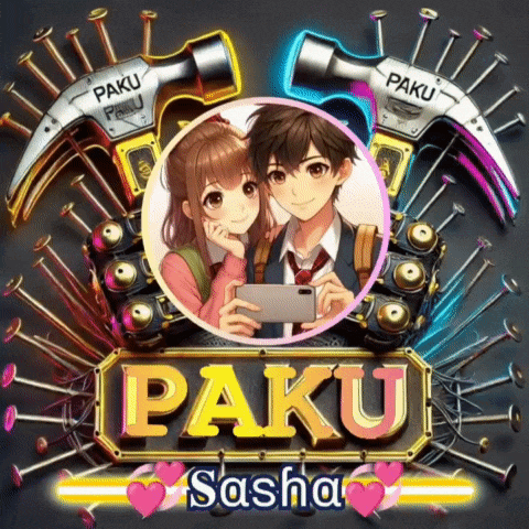 a picture of a boy and a girl taking a picture with the name paku on it