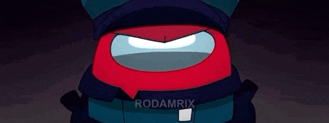 a red among us character is wearing a black hat and a scarf .