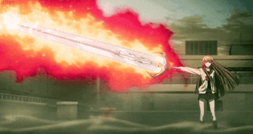 a girl with long hair is holding a large sword that is on fire