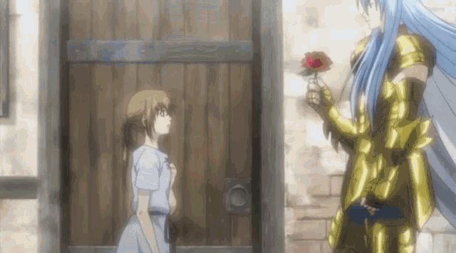 a man in a gold armor is giving a rose to a little girl