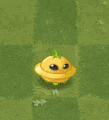 a yellow cartoon pumpkin with a green stem is sitting on top of a green field .