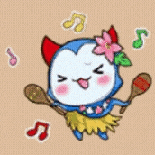 a drawing of a penguin with a flower in its hair holding a spoon