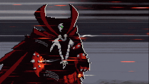 a pixel art drawing of spawn holding a sword