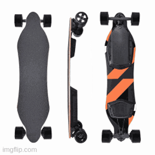 a black and orange electric skateboard is shown from the front and back
