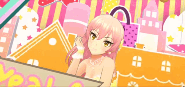 a girl in a yellow top is pointing at a love sign