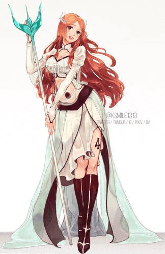 a drawing of a woman holding a staff with the number 4 on her leg