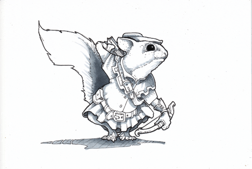 a black and white drawing of a squirrel wearing a hat and a belt with the number 3 on it