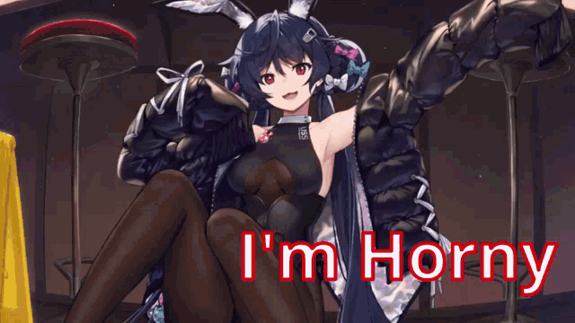 a picture of a girl with bunny ears and the words i 'm horny below her