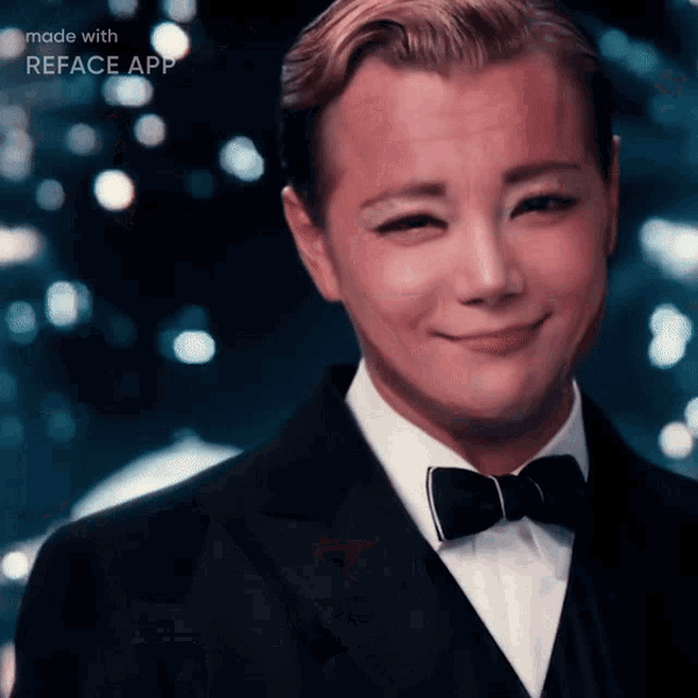 a man in a tuxedo with a bow tie is made with the reface app