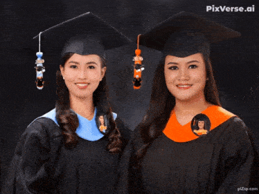 two female graduates wearing caps and gowns are smiling