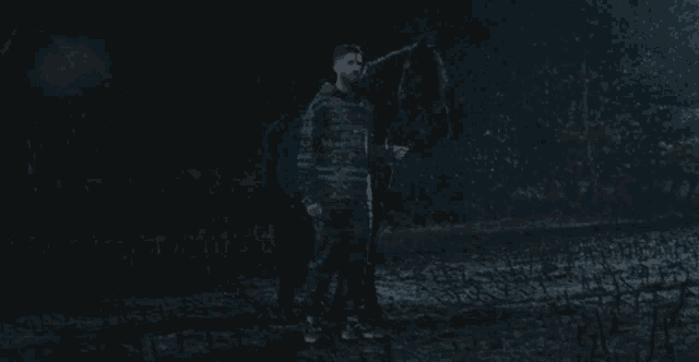 a man in a plaid shirt is standing next to a black horse in the dark .