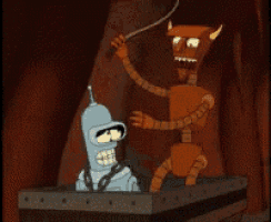 a cartoon of bender and a demon with horns standing next to each other