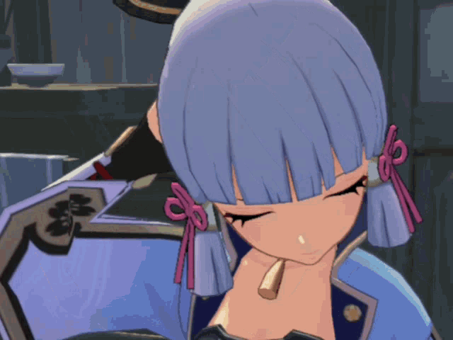 a close up of a cartoon character with blue hair and pink bows
