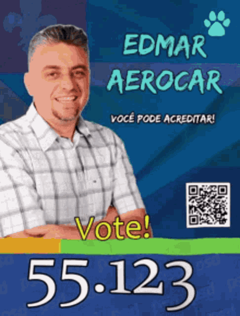 a man in a plaid shirt stands in front of a sign that says edmar aerocar