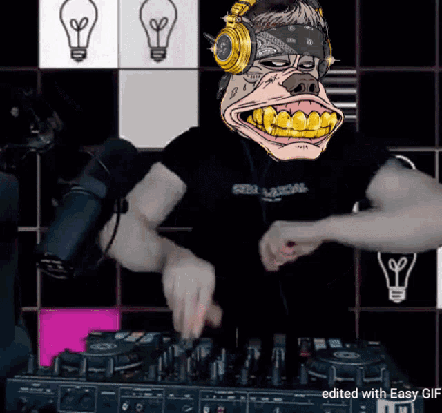 a man wearing a mask with gold teeth is playing music on a mixer