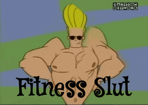 a cartoon character with the words fitness slut written on the bottom