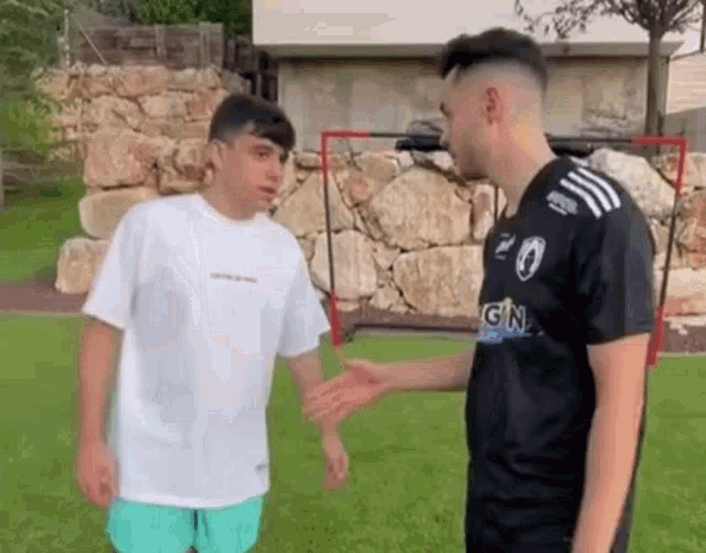 two men are standing next to each other on a soccer field and shaking hands .