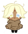 a cookie run character with blonde hair and a brown cape is standing in front of a white background .