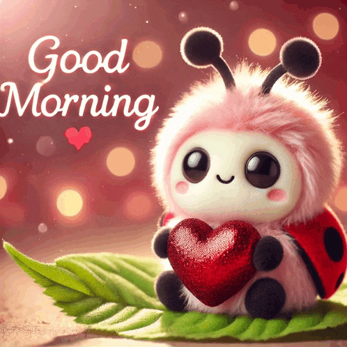 a ladybug holding a heart with the words good morning written above it