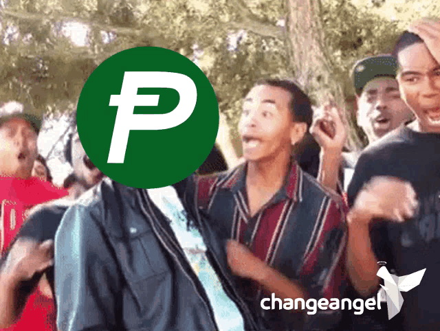 a group of people with a green circle with a p on it
