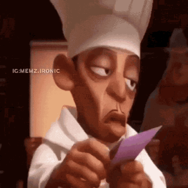 a cartoon chef is holding a piece of paper and making a face