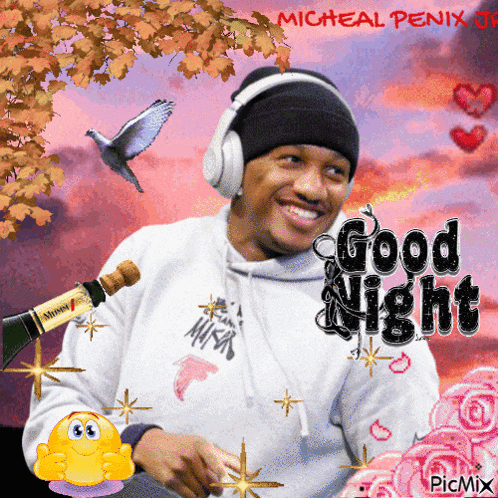 a picture of a man with headphones and a bottle of champagne that says good night