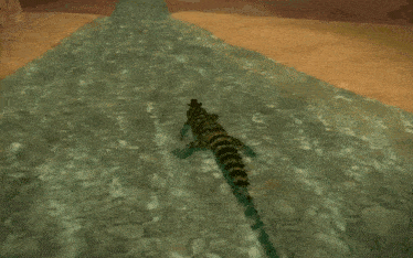 a computer generated image of a crocodile swimming down a river