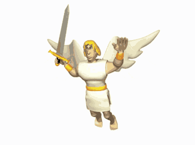 a cartoon angel is holding a sword and waving