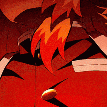 a close up of a cartoon character with red hair and a button