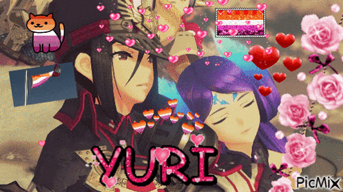 a couple of anime characters with yuri written in pink