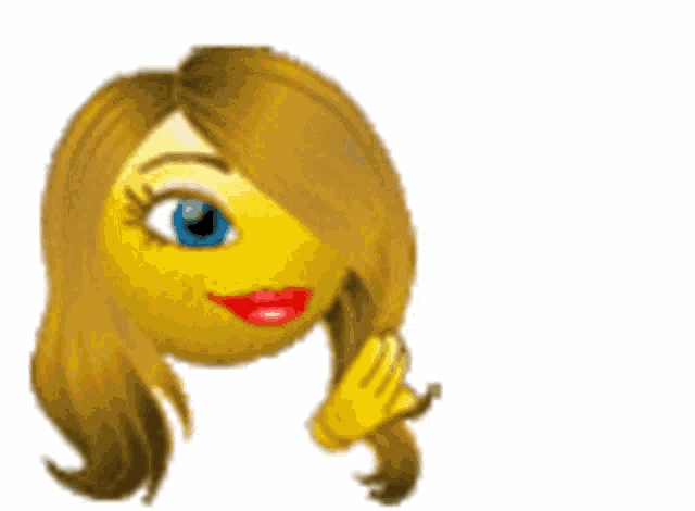 a smiley face with long hair and red lips is holding a heart
