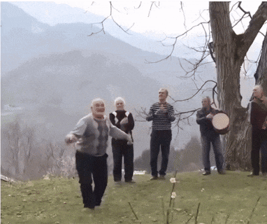 a group of people are playing instruments in a field with mountains in the background and a tree in the foreground
